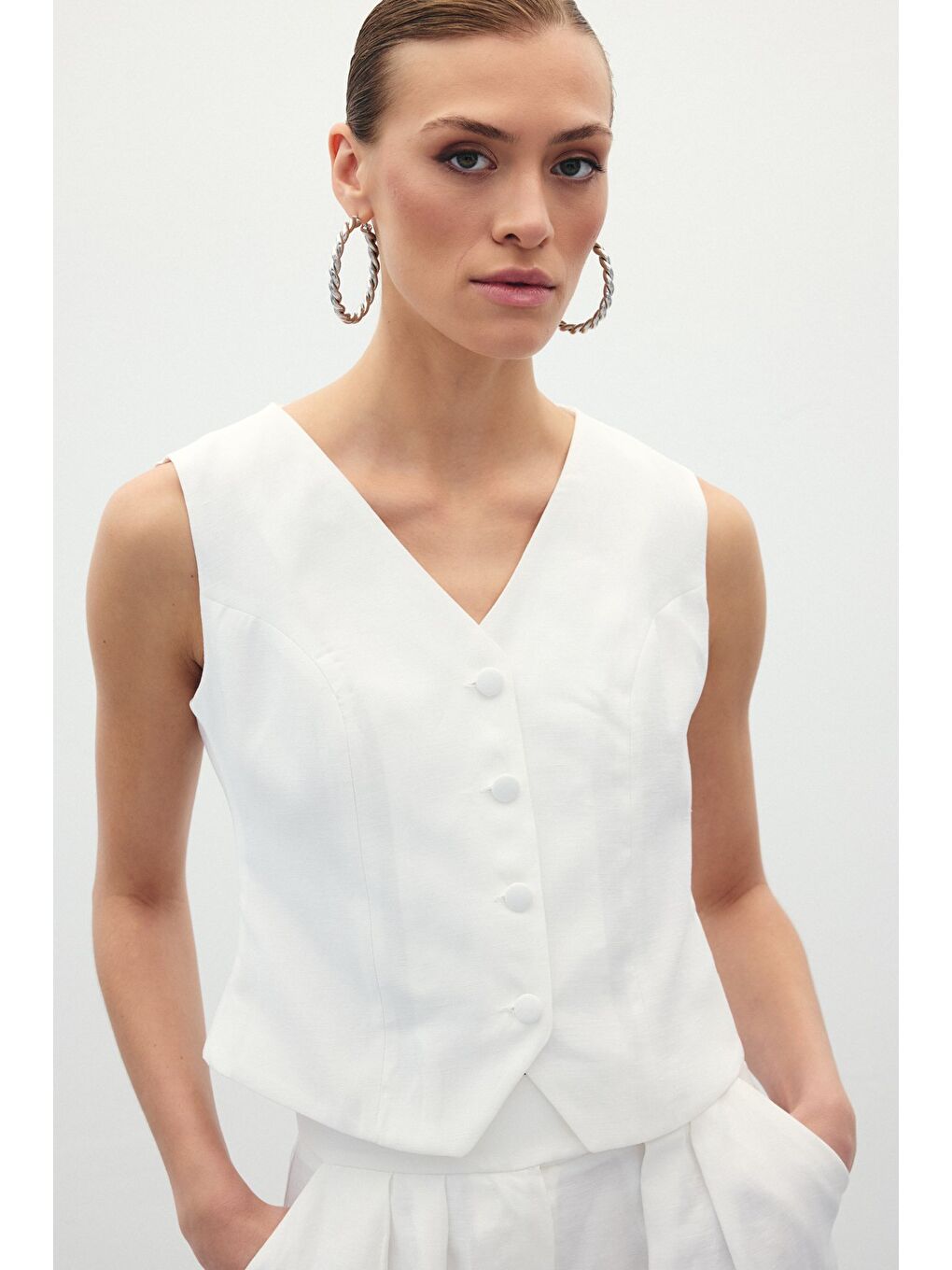 Keten Yelek - Ekru-6