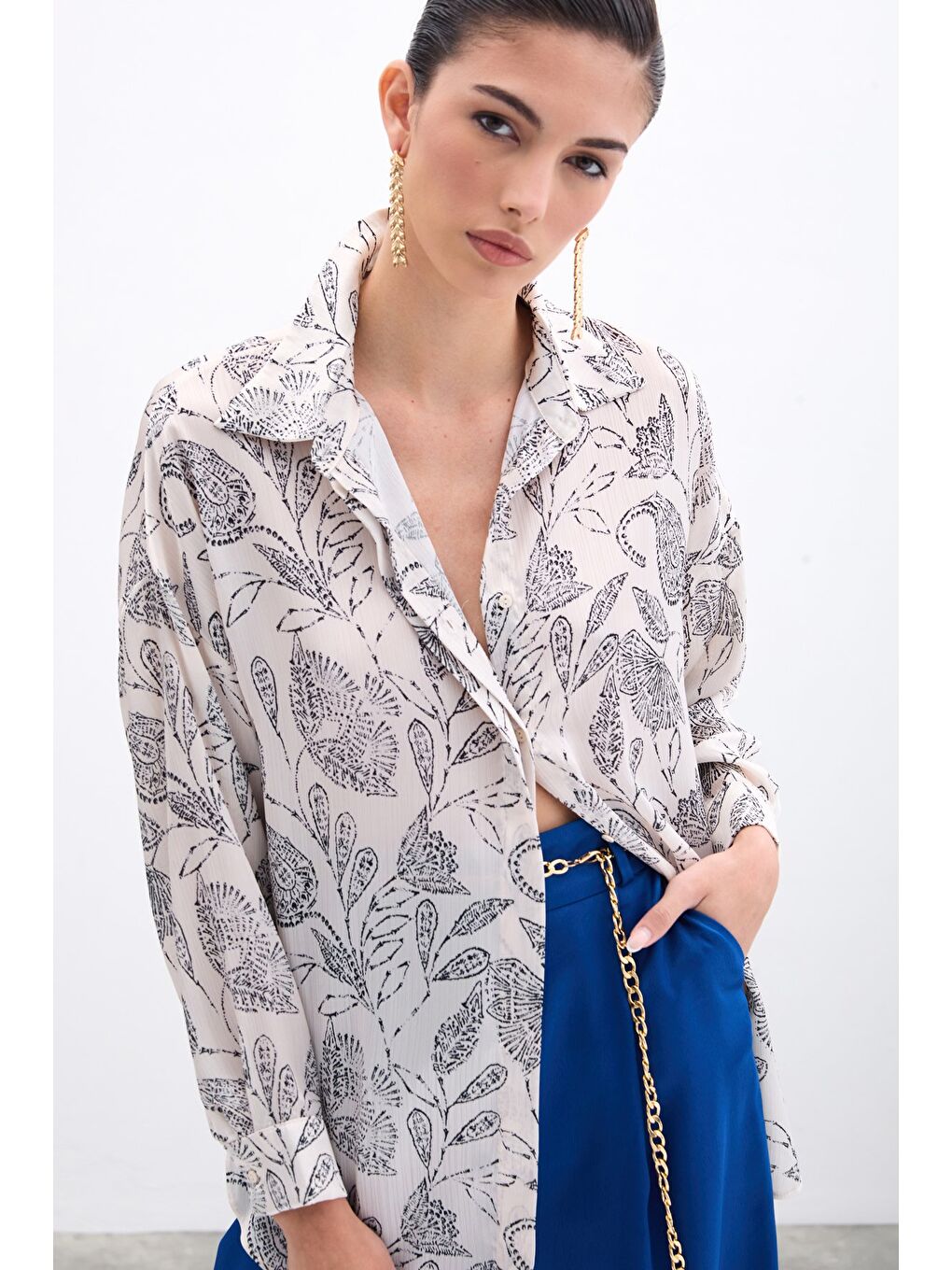 Desenli Saten Gömlek - Ekru-2