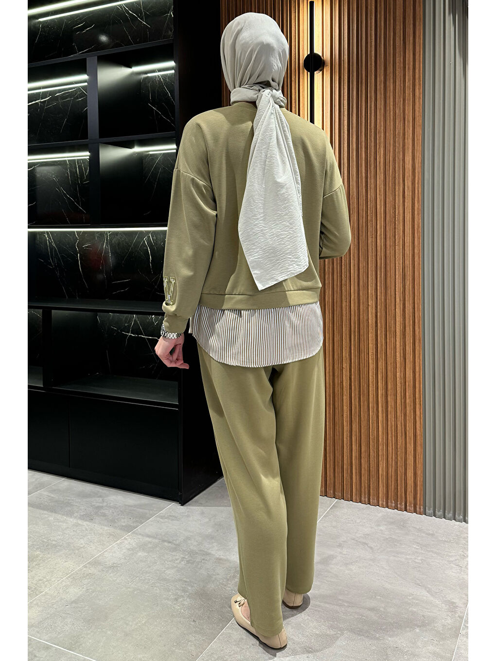 Haki Kadın Tesettür Gömlek Garnili Nakışlı Sweat Pantolon İkili Takım-6