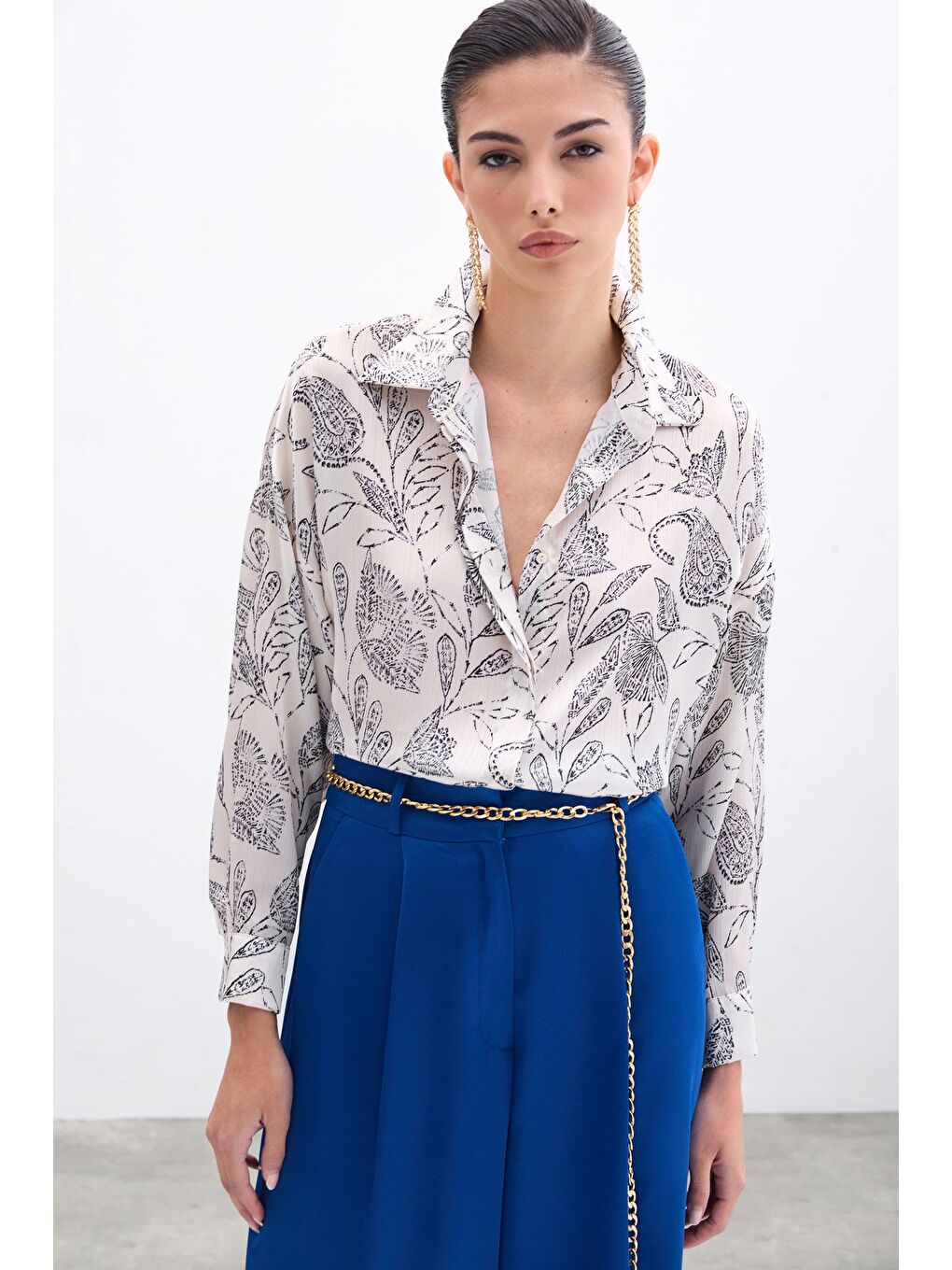 Desenli Saten Gömlek - Ekru-3