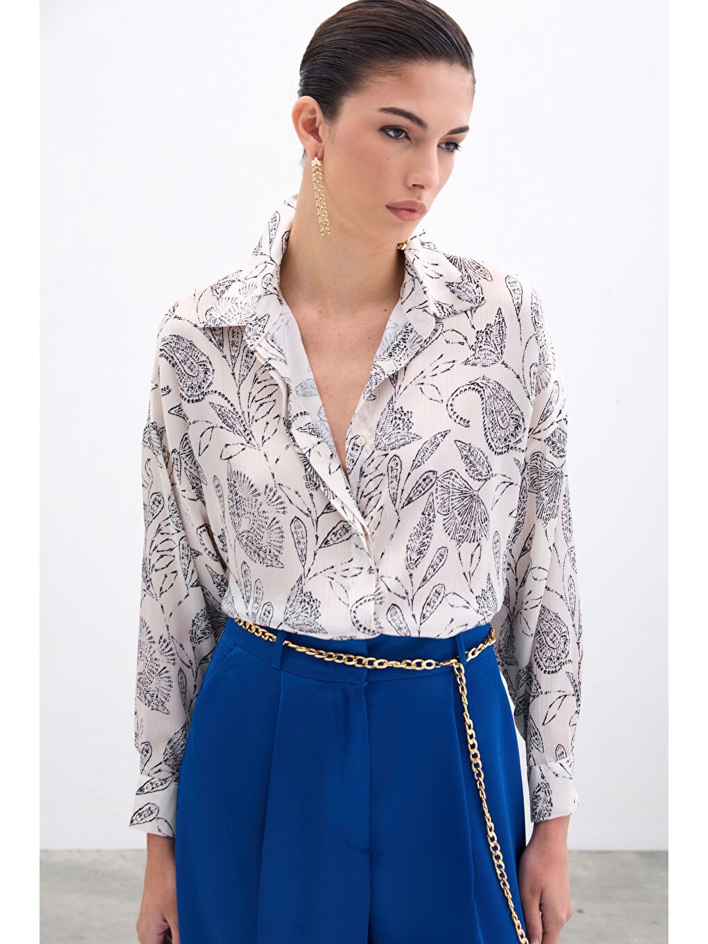 Desenli Saten Gömlek - Ekru-4