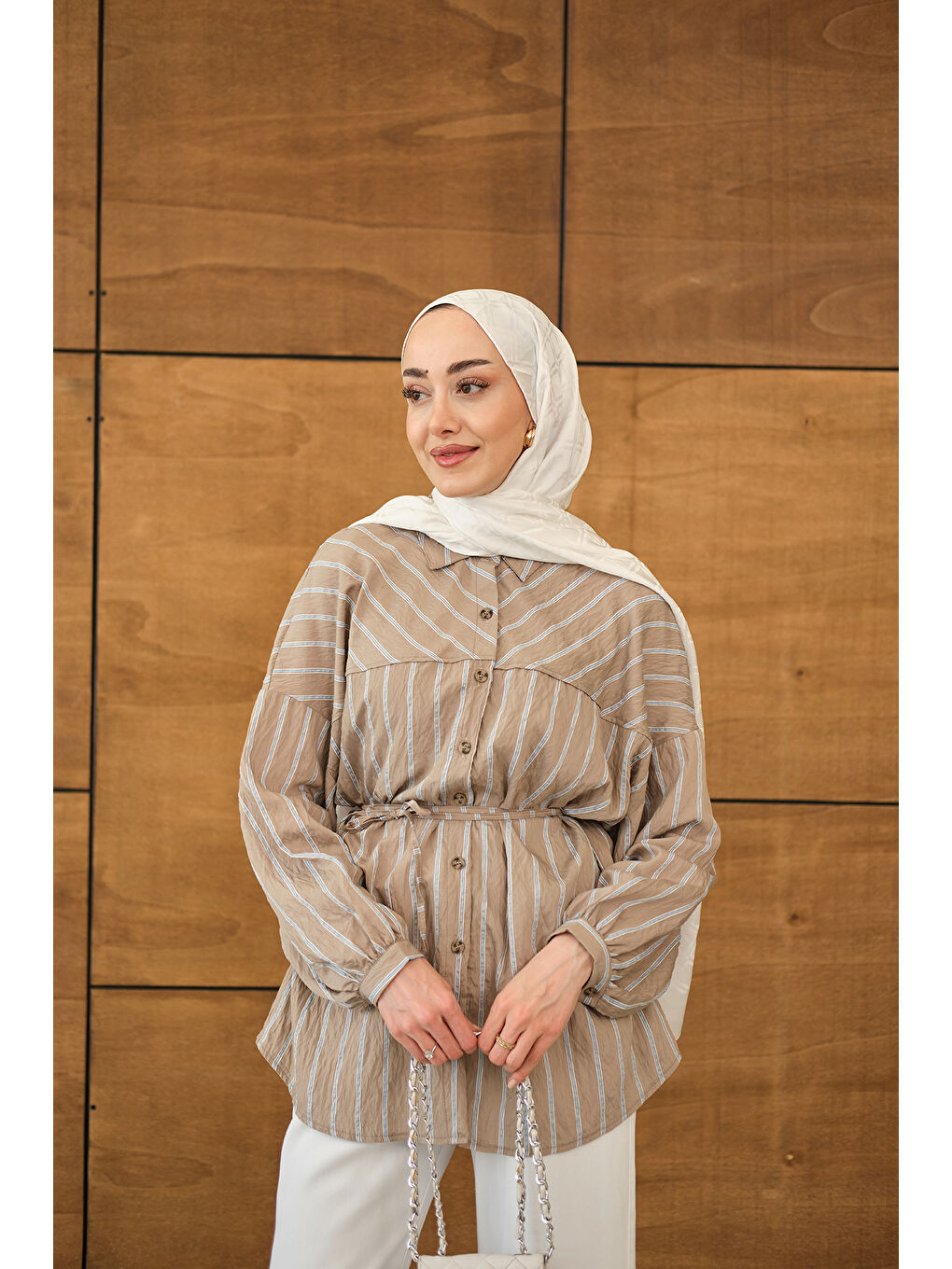 Bej Kadın Çizgi Detaylı Salaş Gömlek Vizon-4