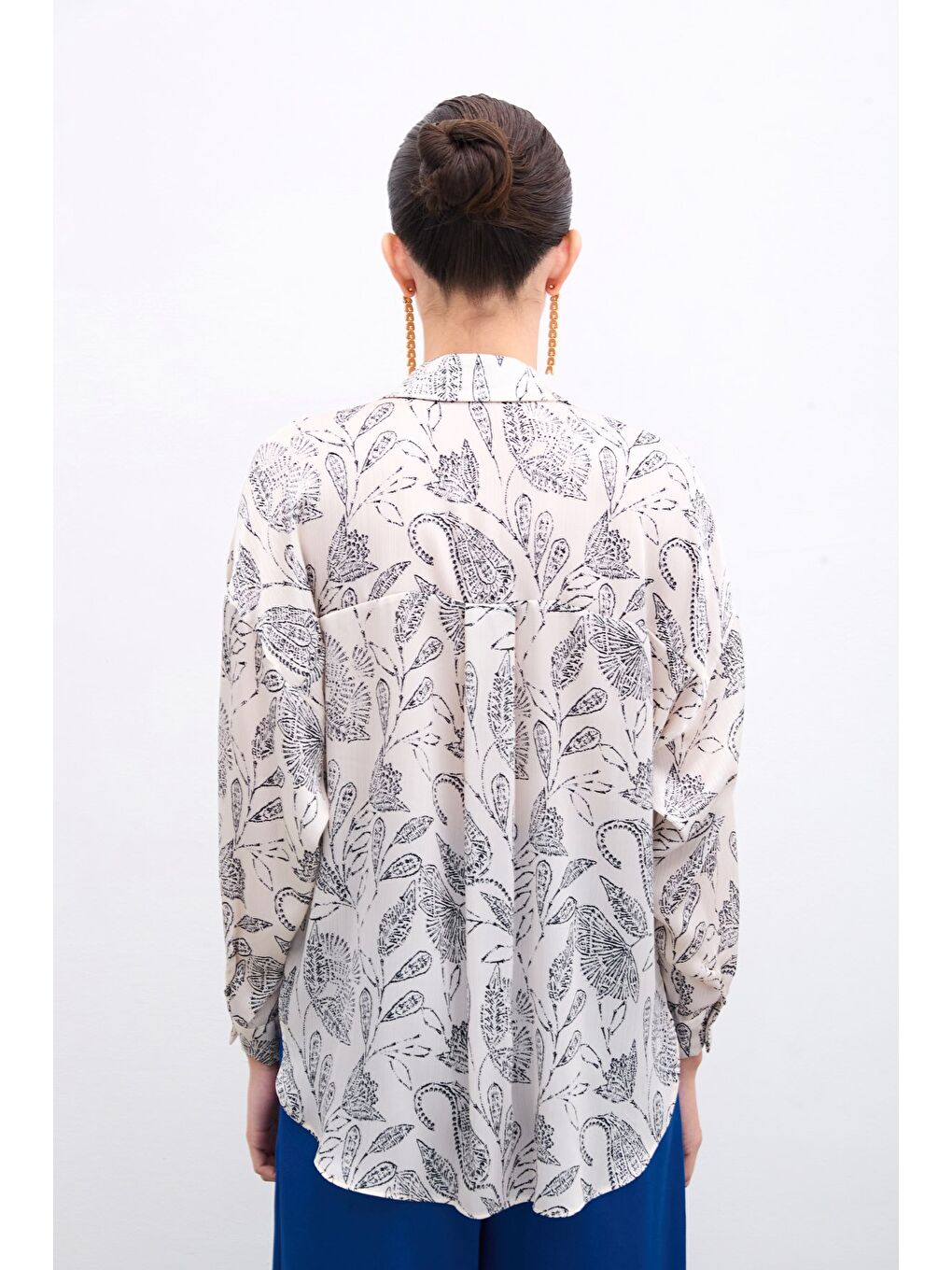 Desenli Saten Gömlek - Ekru-5