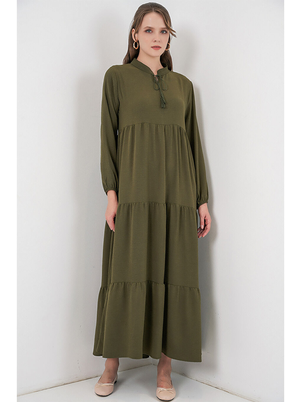 T1627 Yaka Bağcıklı Elbise - D.Haki