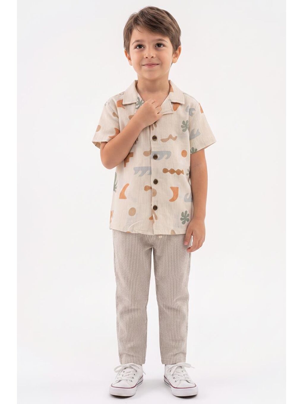 Kahverengi Baskılı Müslin Gömlek Pantolon 2li Takım-3