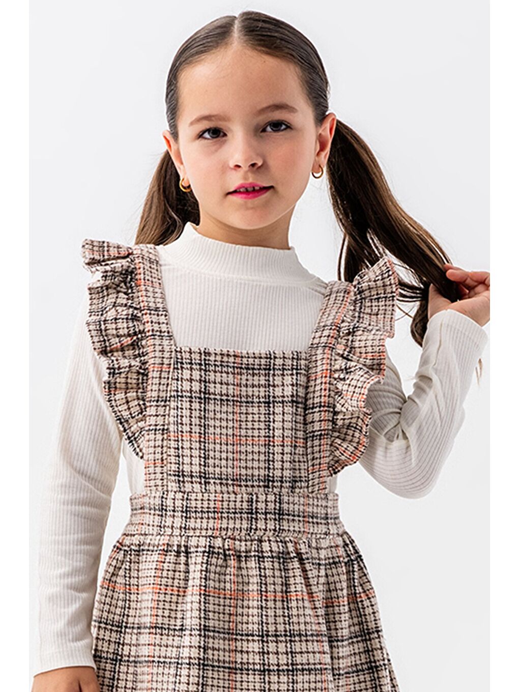 Turuncu Kız Çocuk Ekose Desenli Salopet Takım 22682-3