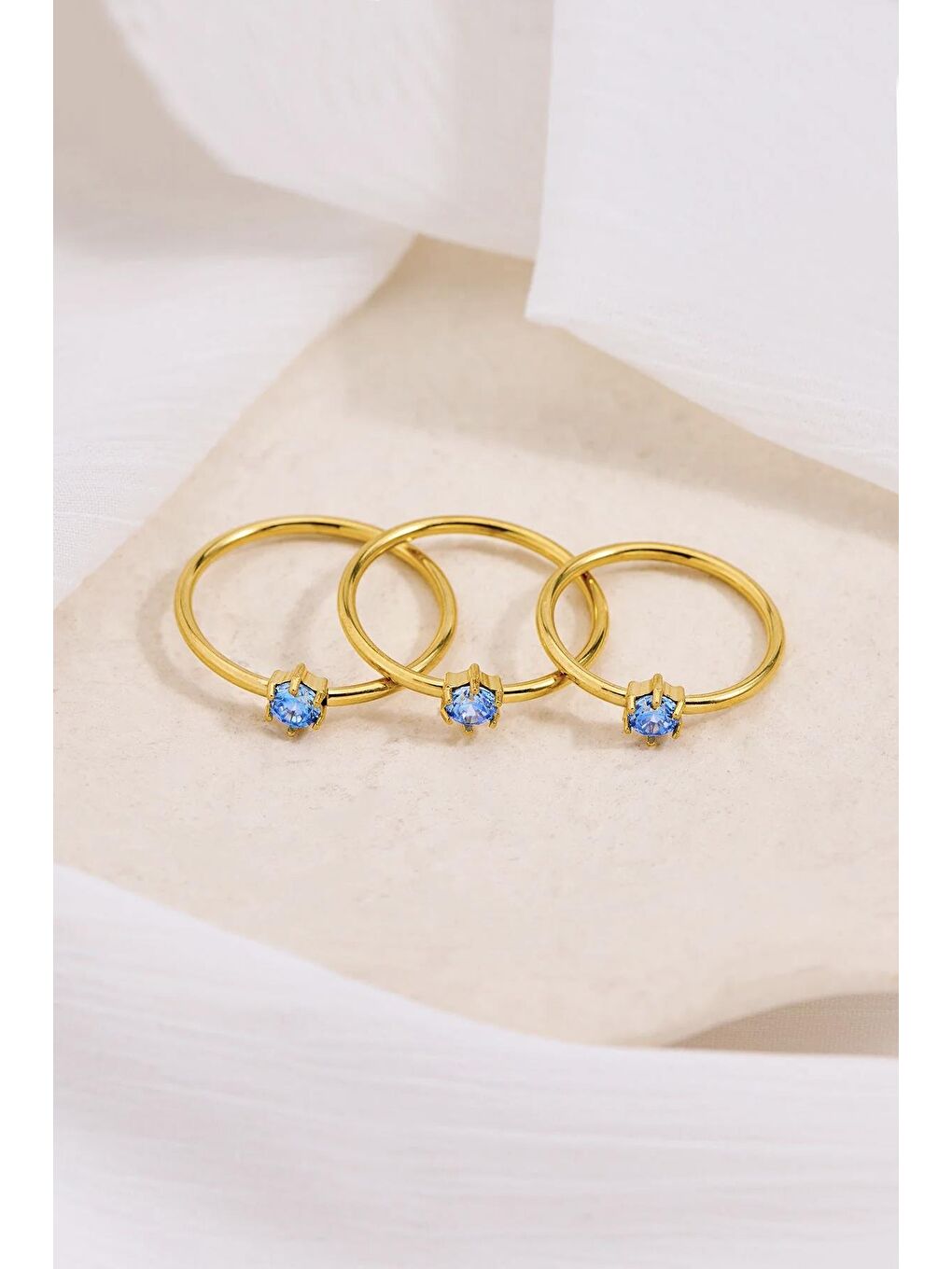 Mavi Çelik Yuvarlak Zirkon Taşlı Minimal Eklem Yüzük Seti 3 adet