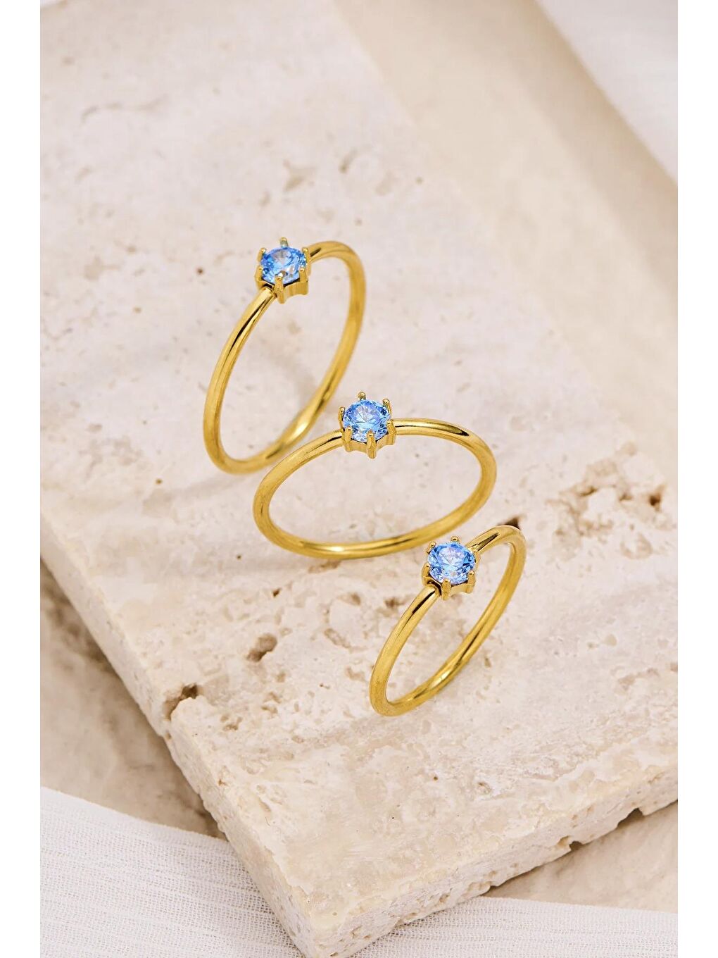 Mavi Çelik Yuvarlak Zirkon Taşlı Minimal Eklem Yüzük Seti 3 adet-1