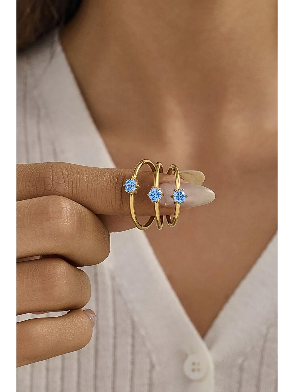 Mavi Çelik Yuvarlak Zirkon Taşlı Minimal Eklem Yüzük Seti 3 adet-2