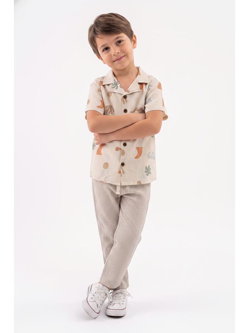 Kahverengi Baskılı Müslin Gömlek Pantolon 2li Takım-4