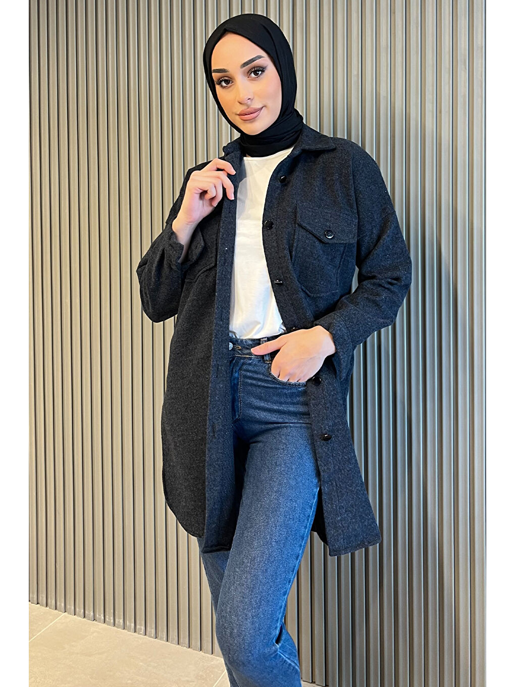 Gri Kaşe Uzun Tesettür Tunik-2