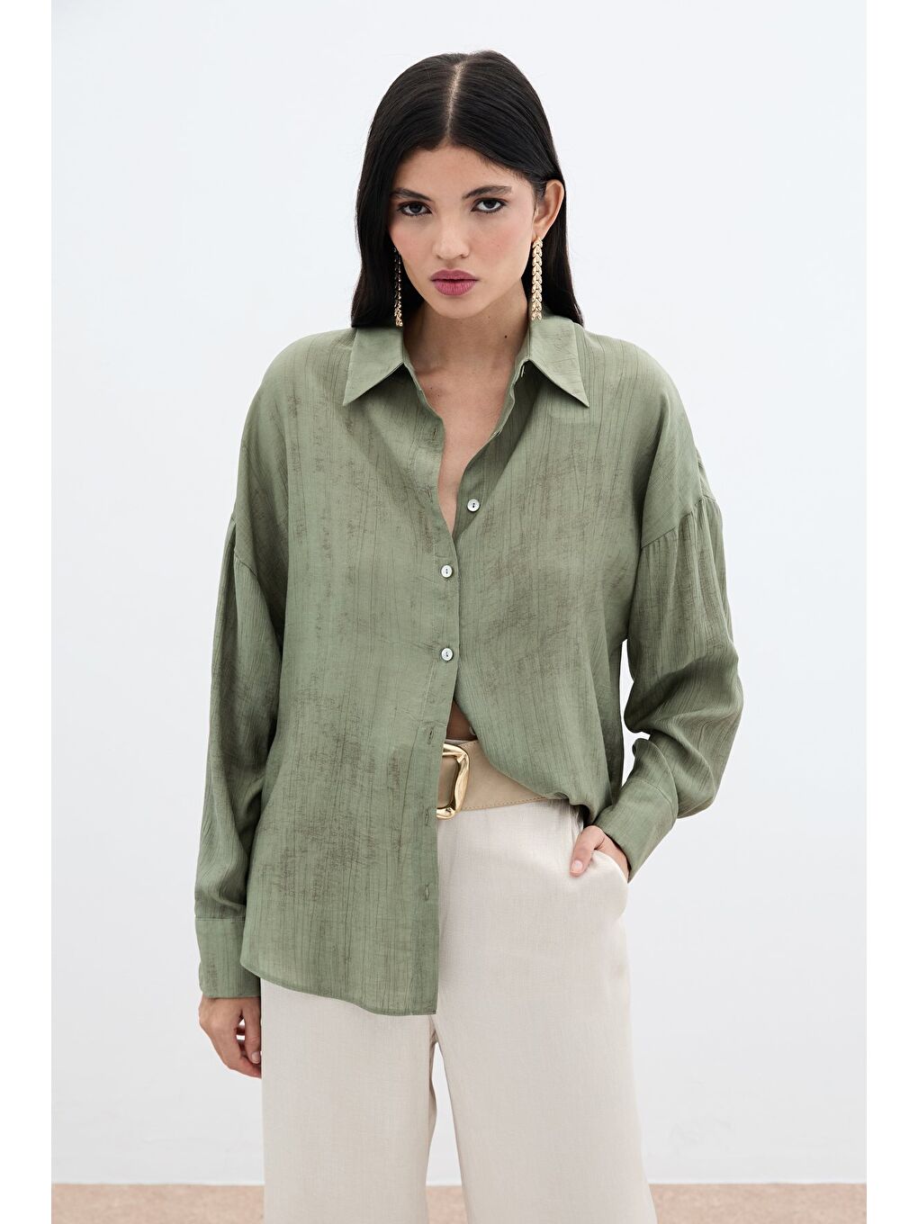 Desenli İnce Salaş Gömlek - Haki-1