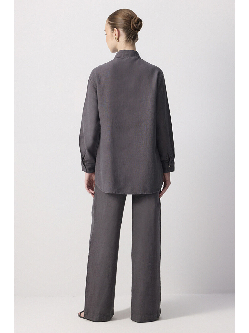 Antrasit %100 Keten Yandan Bağlamalı Tunik Pantolon Takım-2