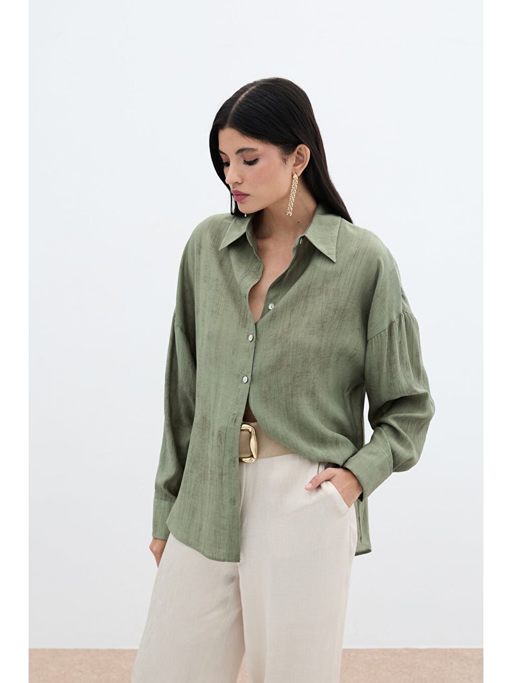 Desenli İnce Salaş Gömlek - Haki-2