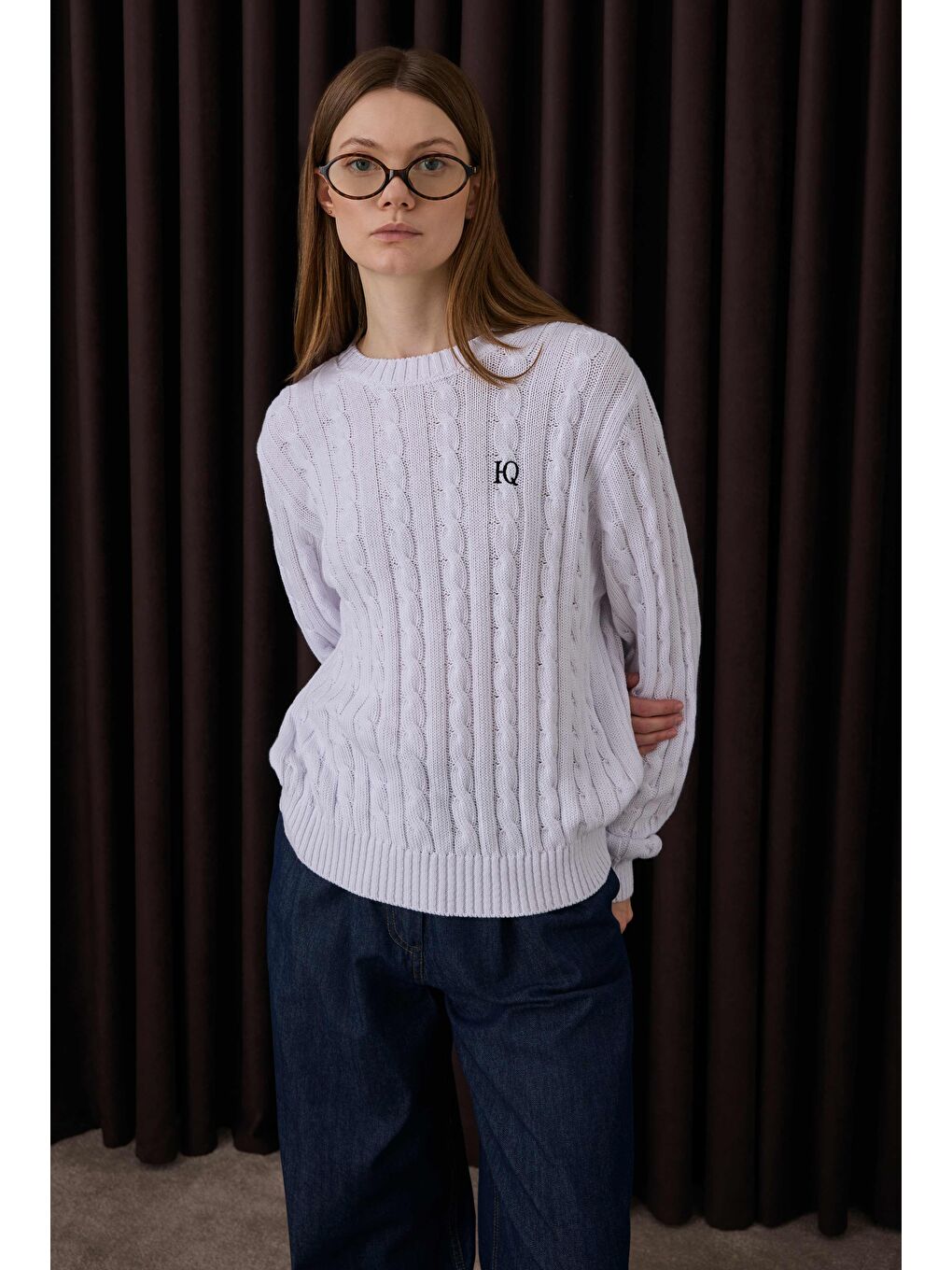 Ekru Örgü Desenli Triko Kazak Beyaz