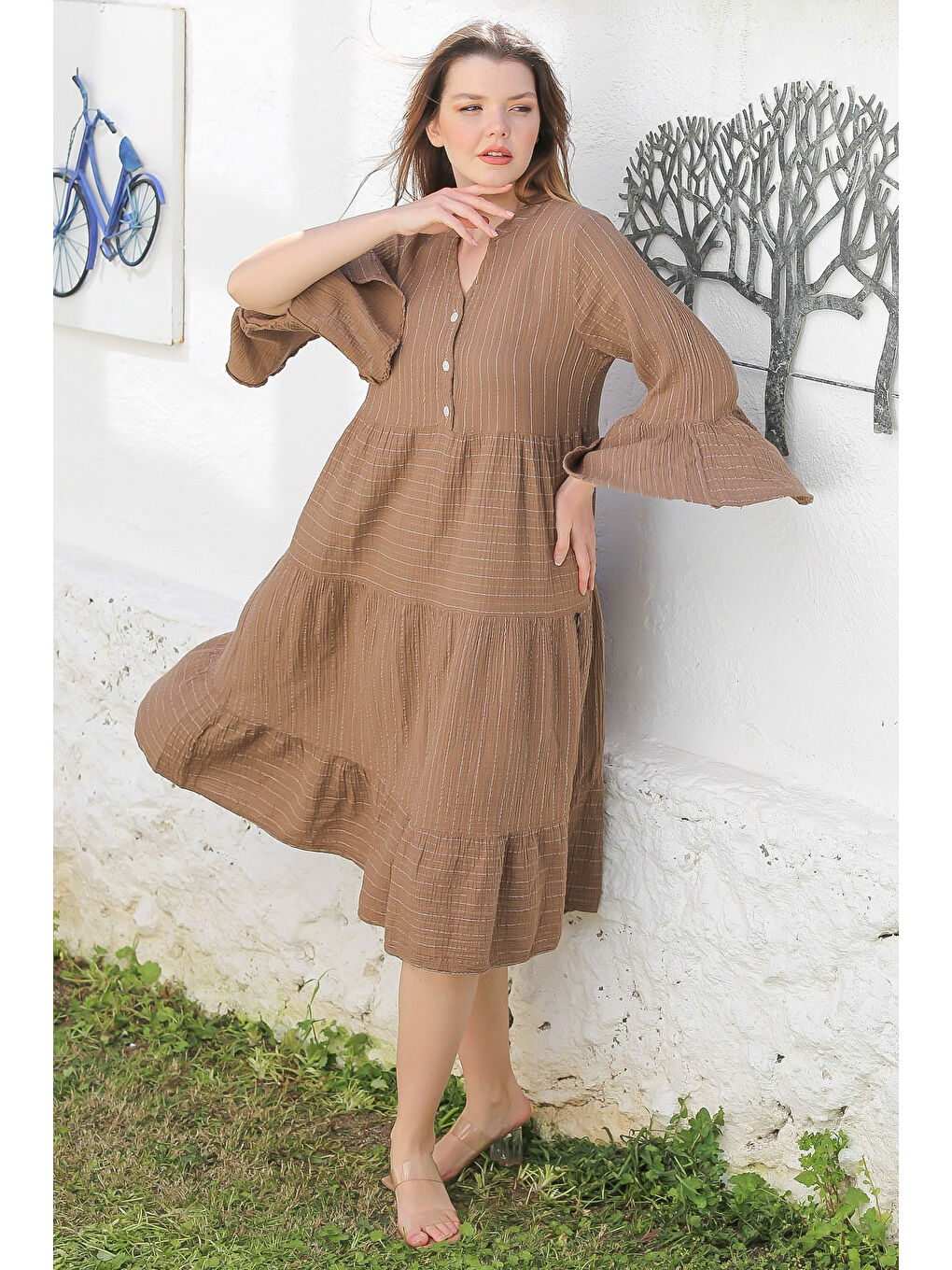 Kahverengi Açık Kahve Hakim Yaka İspanyol Kol Çizgili Yıkamalı Etek Ucu Fırfırlı Casual Dokuma Elbise 125 53