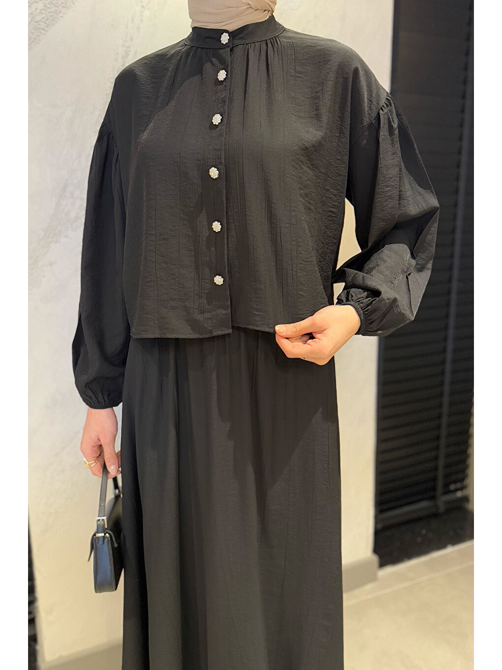 Siyah Cep Detaylı Etek Gömlek Tesettür İkili Takım-5