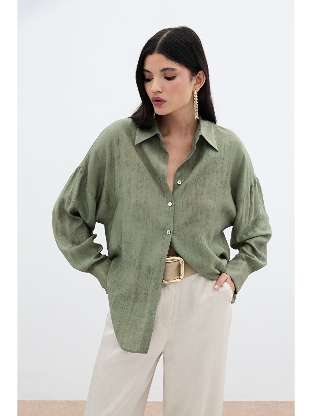 Desenli İnce Salaş Gömlek - Haki-3