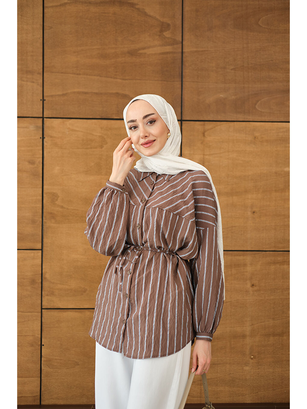 Kahverengi Kadın Çizgi Detaylı Salaş Gömlek Acı Kahve-1