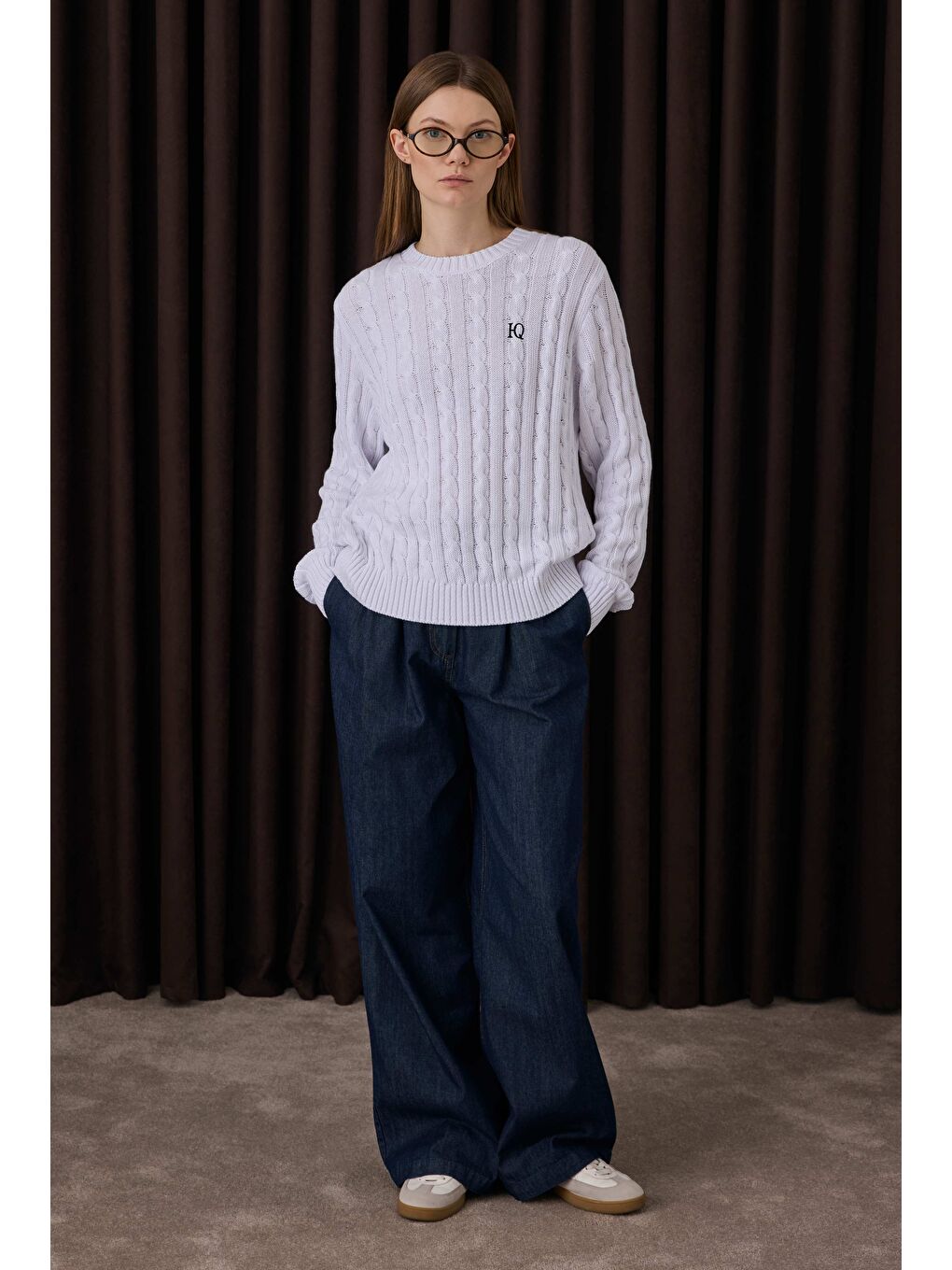 Ekru Örgü Desenli Triko Kazak Beyaz-1