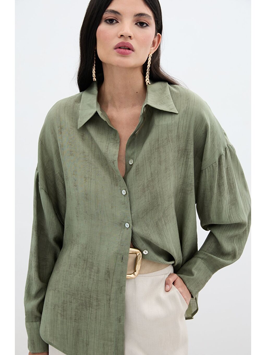 Desenli İnce Salaş Gömlek - Haki-4