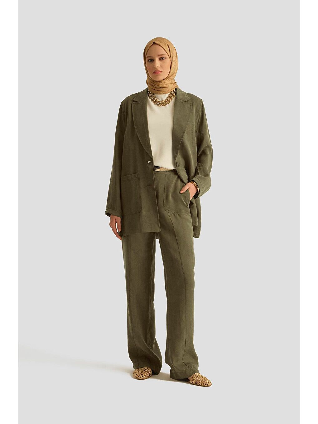 Önü Dikişli Cupra Palazzo Pantolon 25Yd4246-2 Haki-1