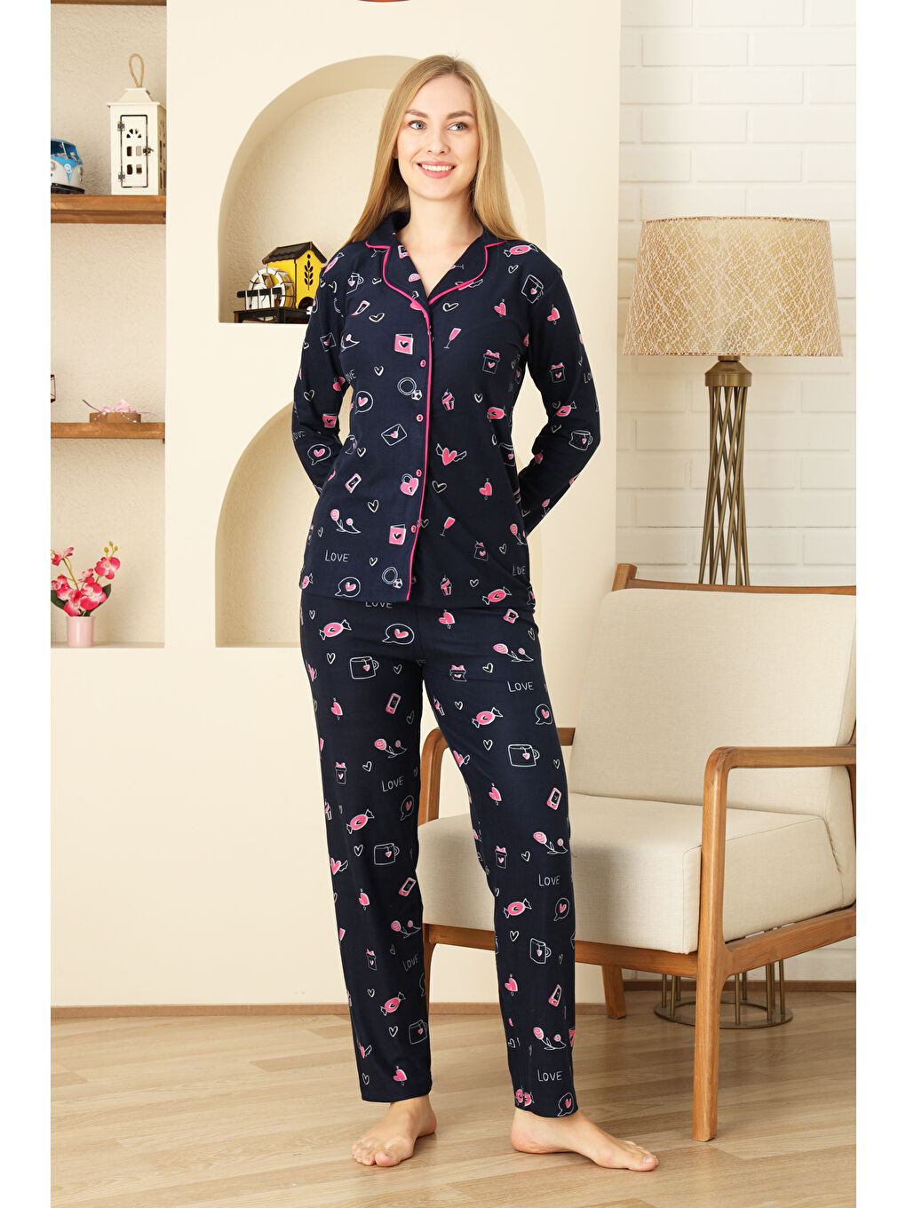 Lacivert Kadın Pat Yakalı-Baskılı ve Düğme Kapamalı-%100 Pamuk Pijama Takımı 12353-4