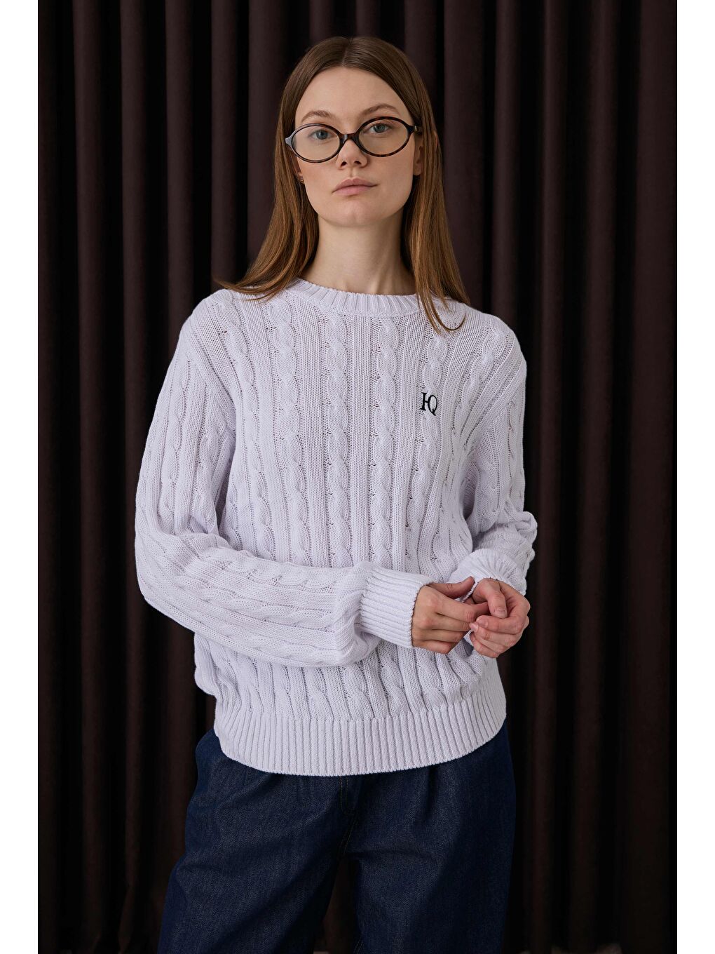 Ekru Örgü Desenli Triko Kazak Beyaz-2