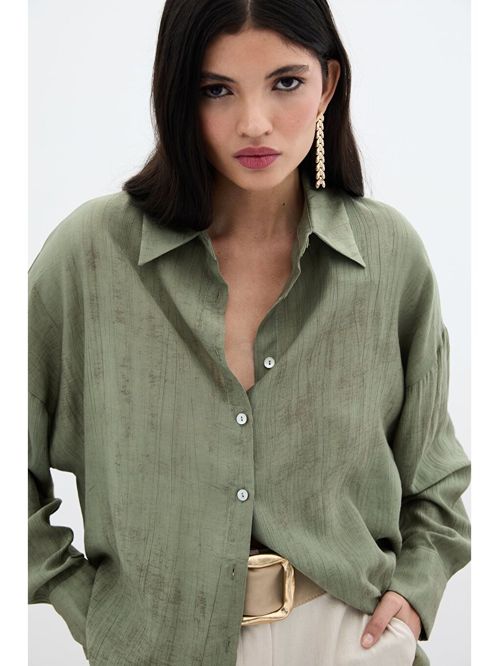 Desenli İnce Salaş Gömlek - Haki-5