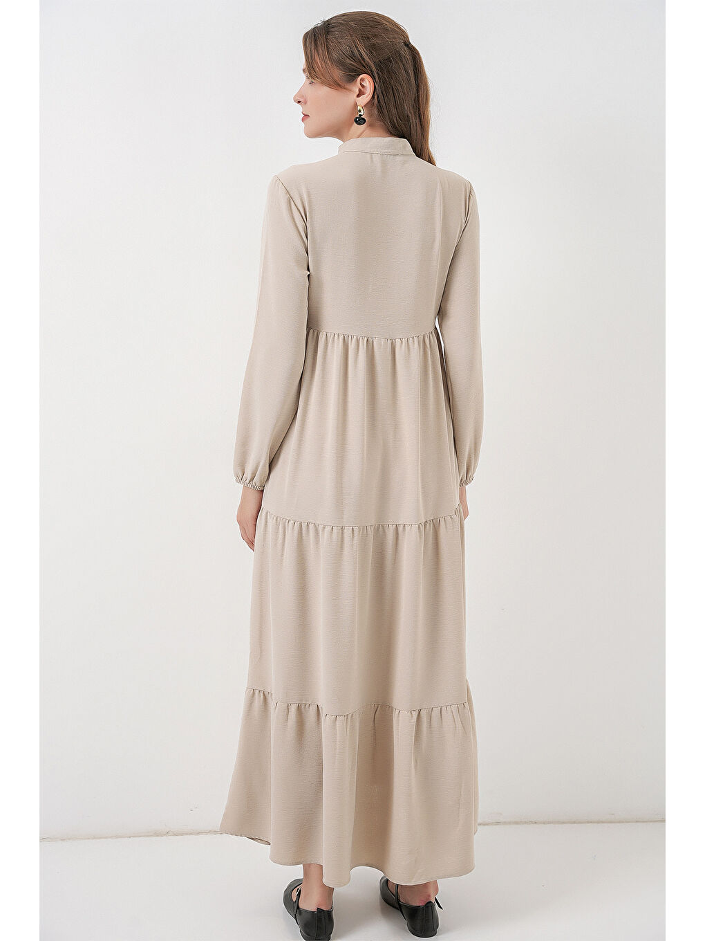 Bej T1627 Yaka Bağcıklı Elbise - Taş-5