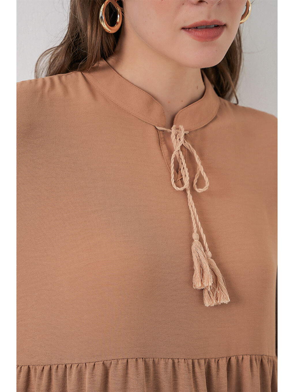 Bej T1627 Yaka Bağcıklı Elbise - D.Vizon-4