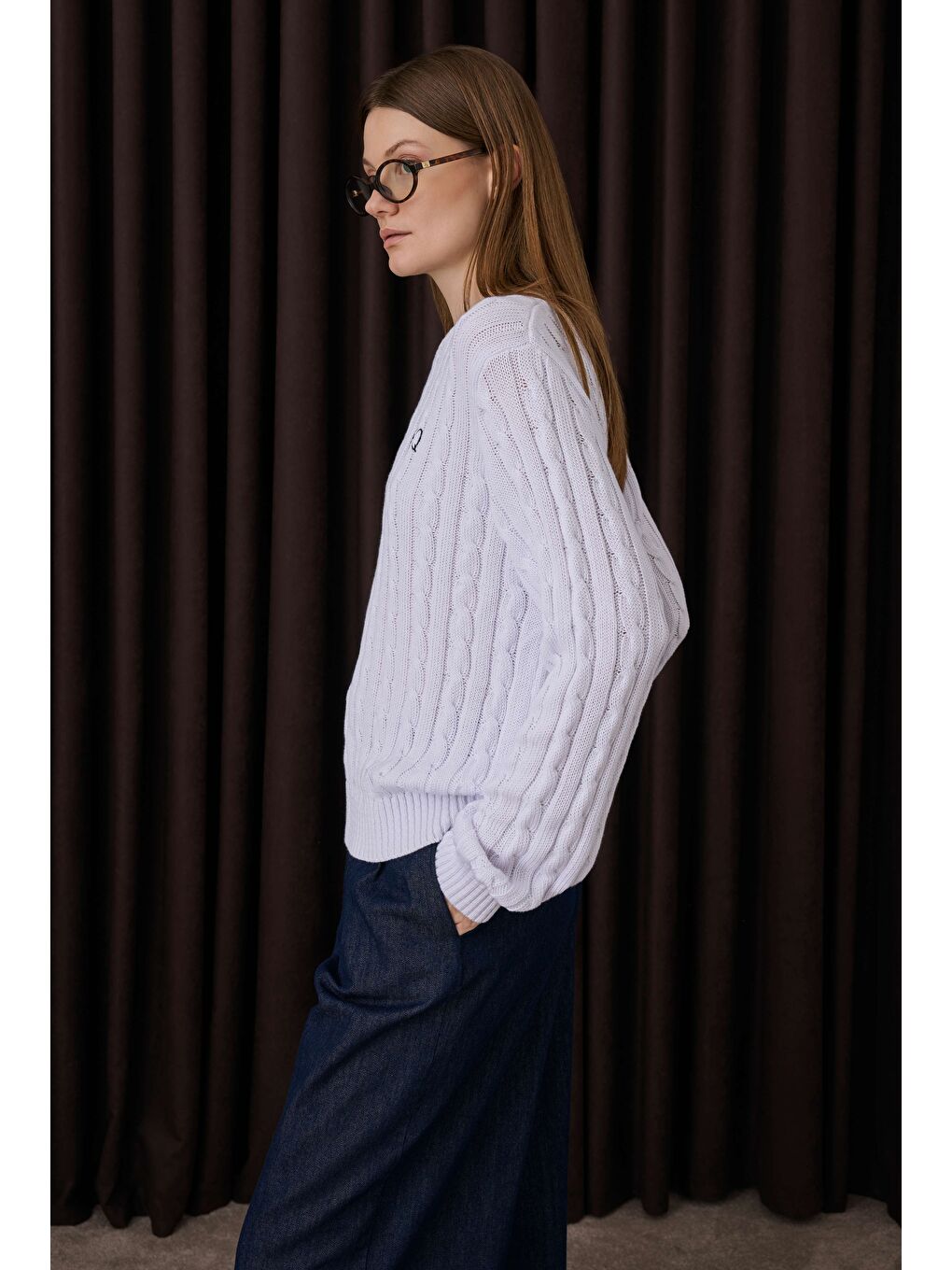 Ekru Örgü Desenli Triko Kazak Beyaz-3