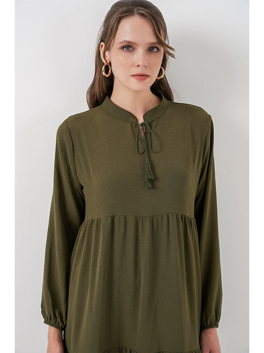 T1627 Yaka Bağcıklı Elbise - D.Haki-1