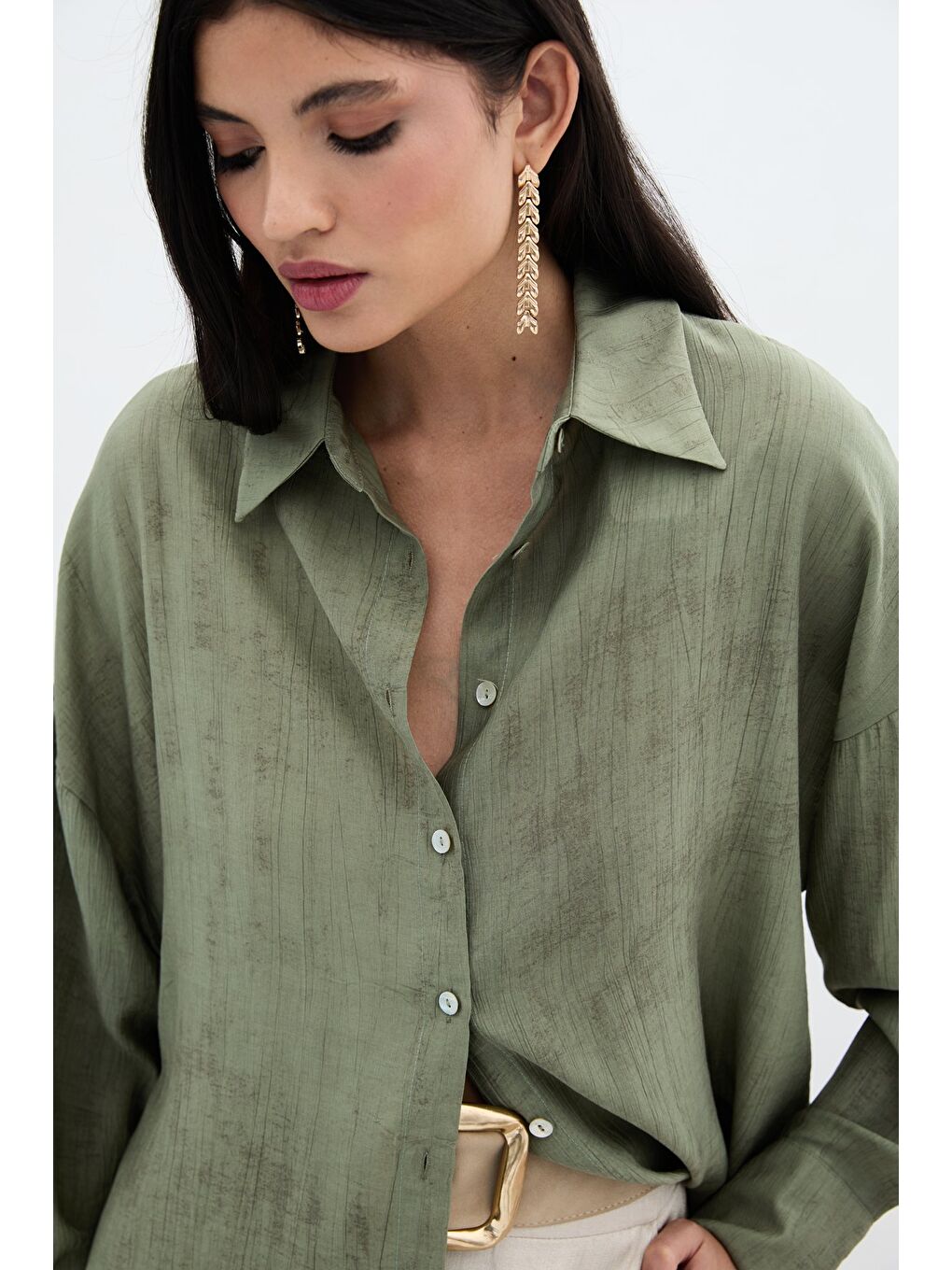 Desenli İnce Salaş Gömlek - Haki-6