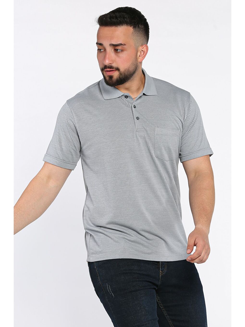 Gri Polo Yaka Cepli Erkek Tişört-1
