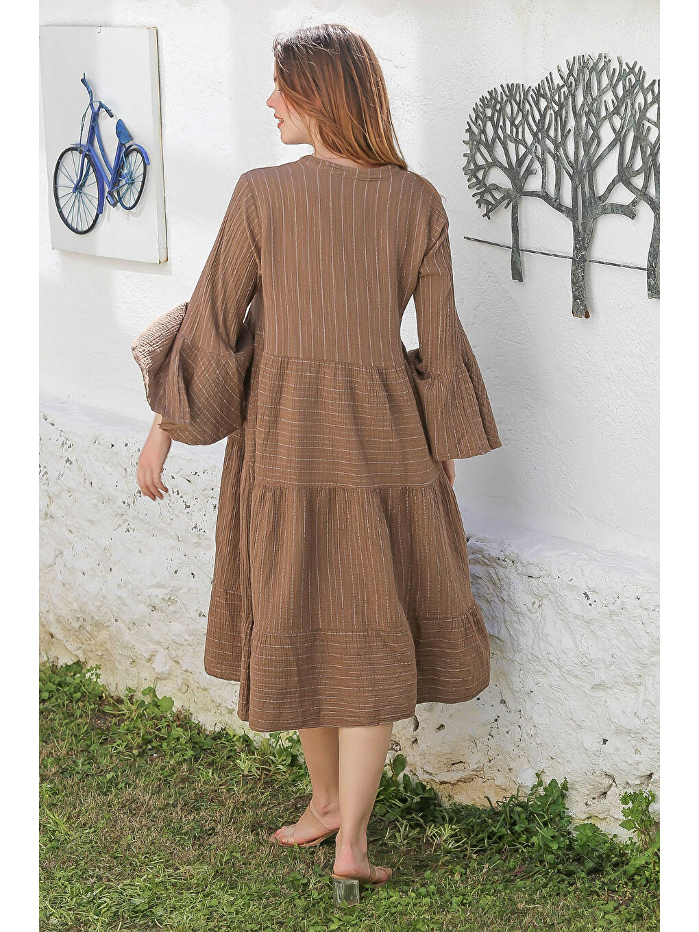 Kahverengi Açık Kahve Hakim Yaka İspanyol Kol Çizgili Yıkamalı Etek Ucu Fırfırlı Casual Dokuma Elbise 125 53-7