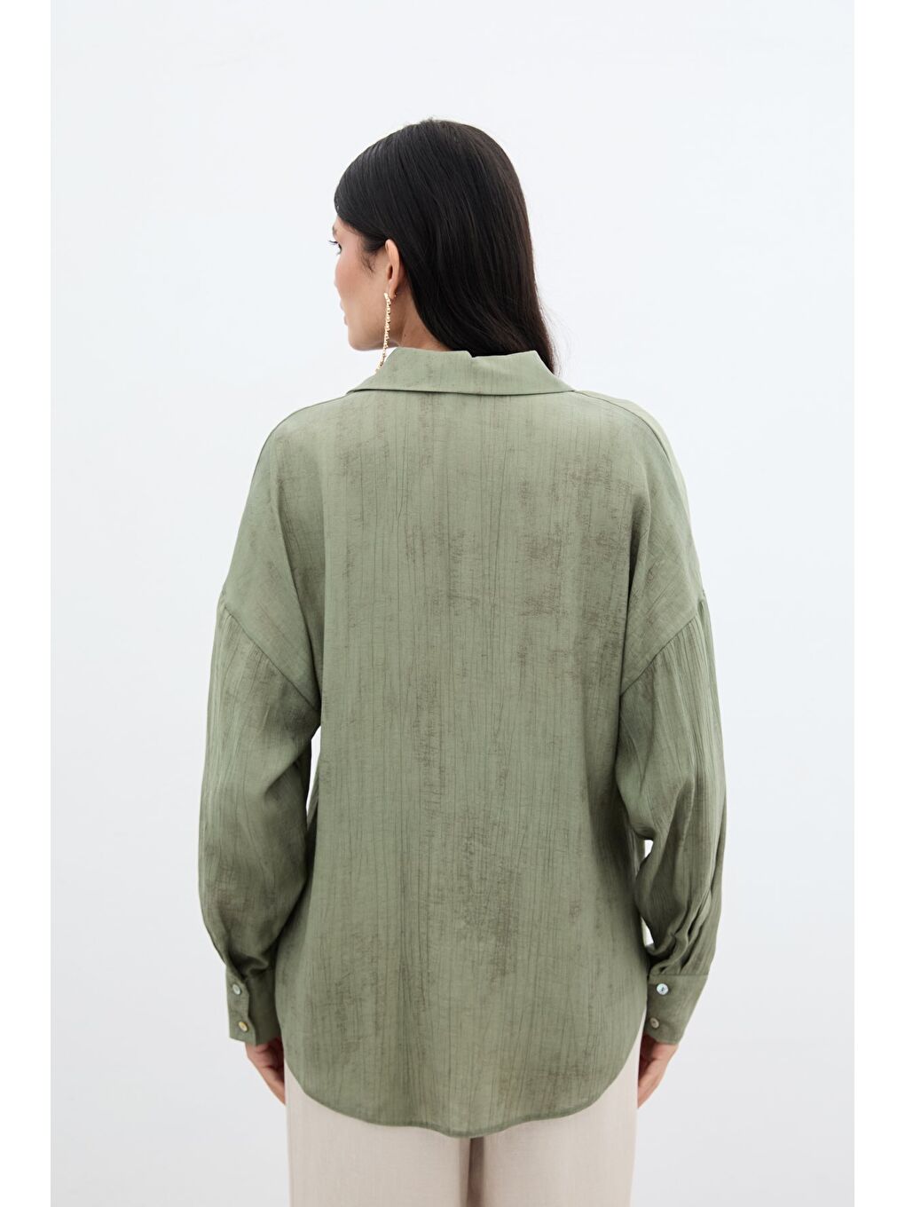 Desenli İnce Salaş Gömlek - Haki-7