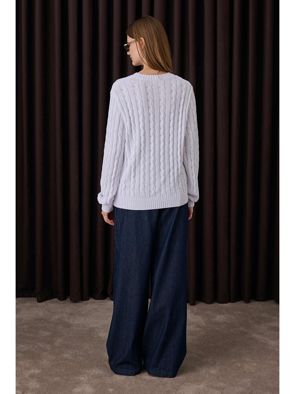 Ekru Örgü Desenli Triko Kazak Beyaz-4