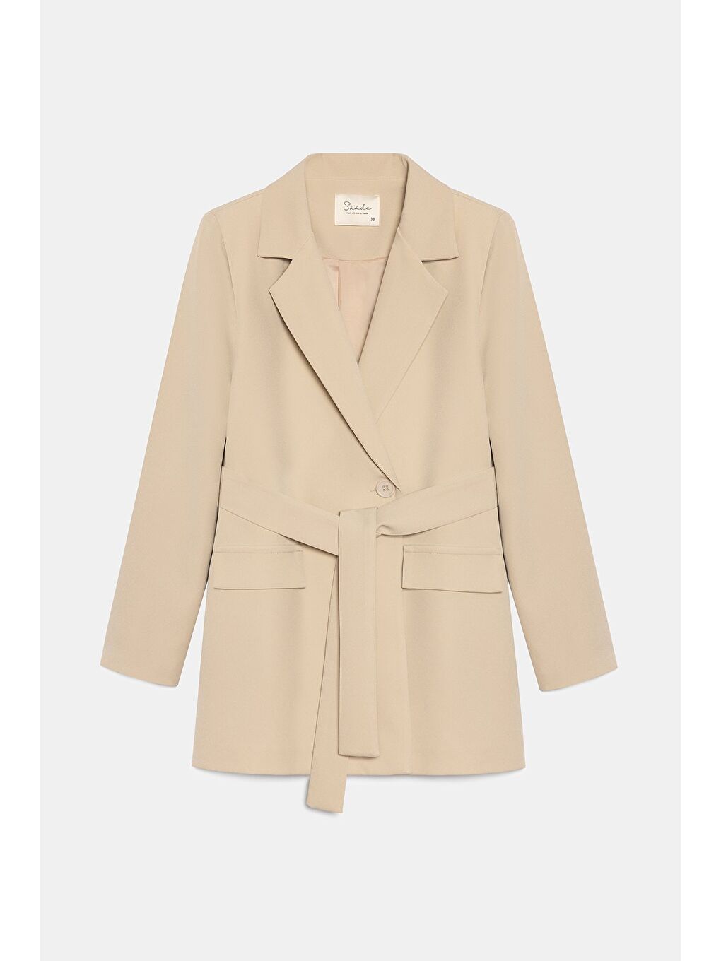 Bej Kadın Tek Düğmeli Dokuma Kruvaze Blazer Ceket - Kuşaklı