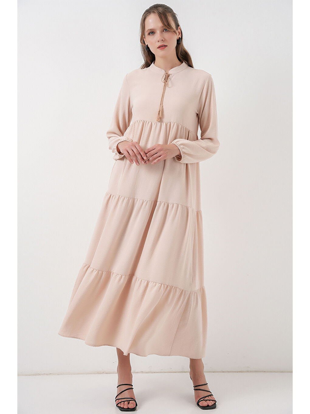 T1627 Yaka Bağcıklı Elbise - C. Bej-3