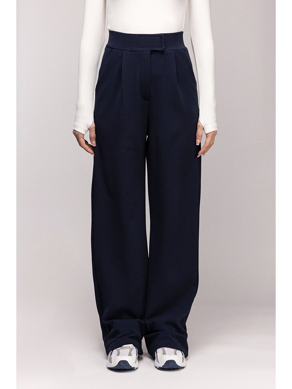 Lacivert Kadın Yüksek Bel Elastanlı Palazzo Pantolon - Cırtlı