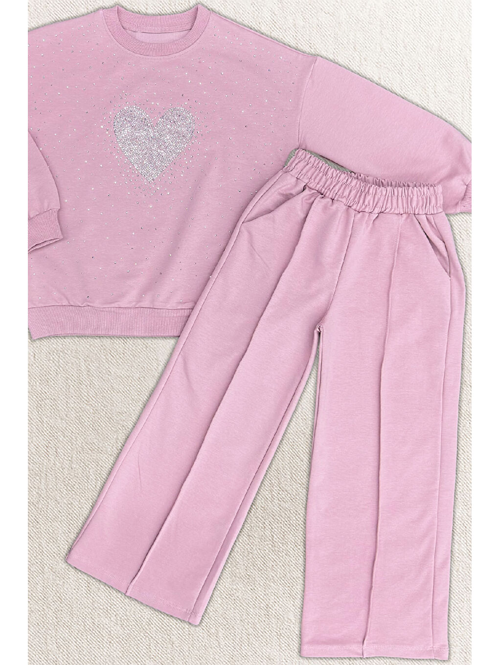 Pembe Kız Çocuk Taş Süslemeli Kalp Desenli 2 İplik Alt-Üst Takım 4-12 Yaş 12513-1