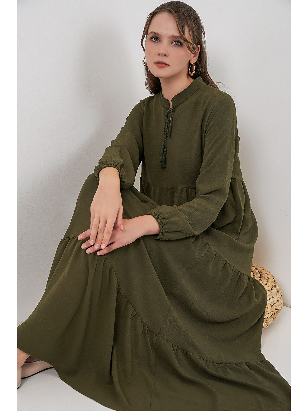 T1627 Yaka Bağcıklı Elbise - D.Haki-2