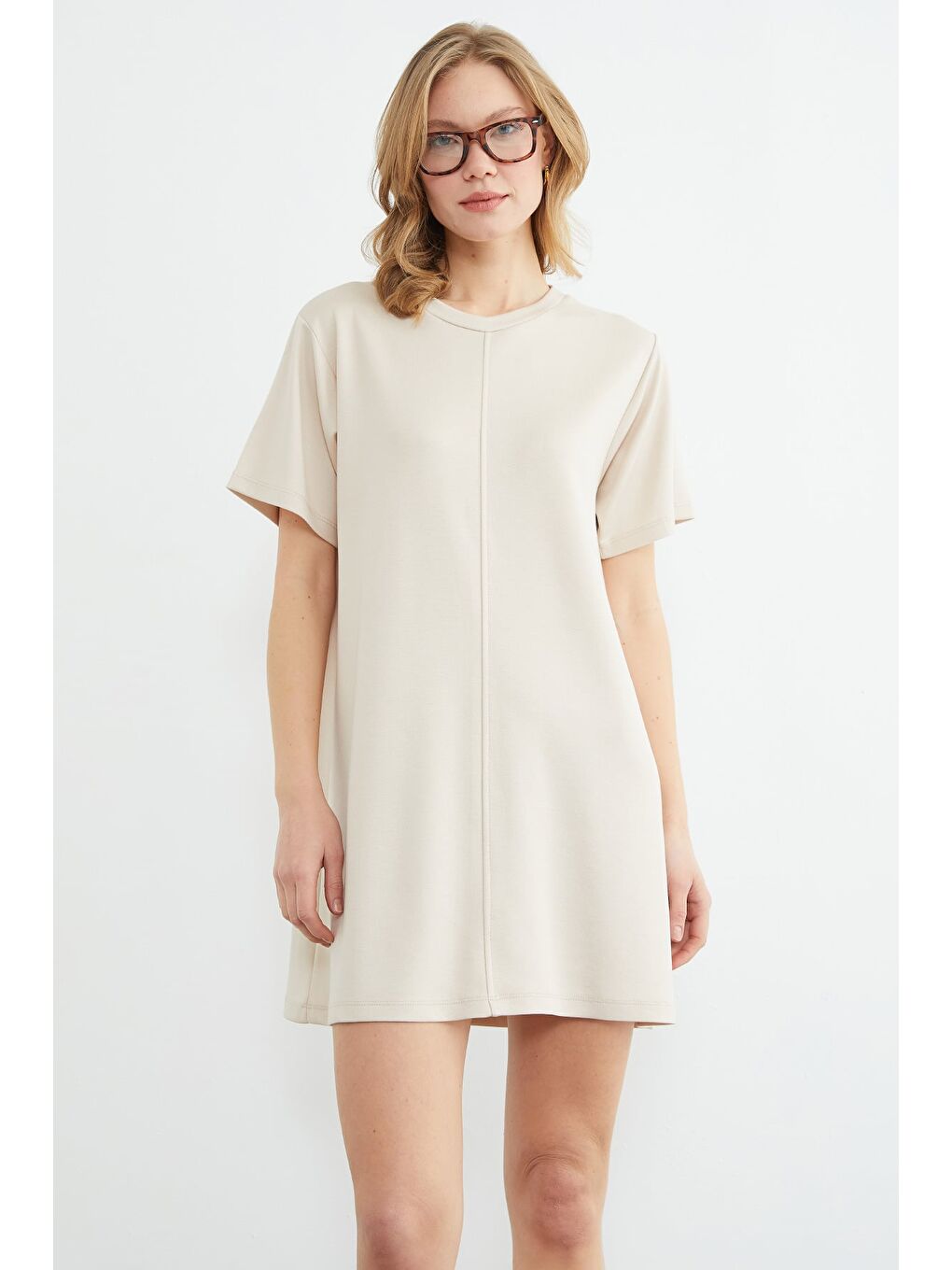 Bej Basic Çimalı Mini Boy Modal Elbise