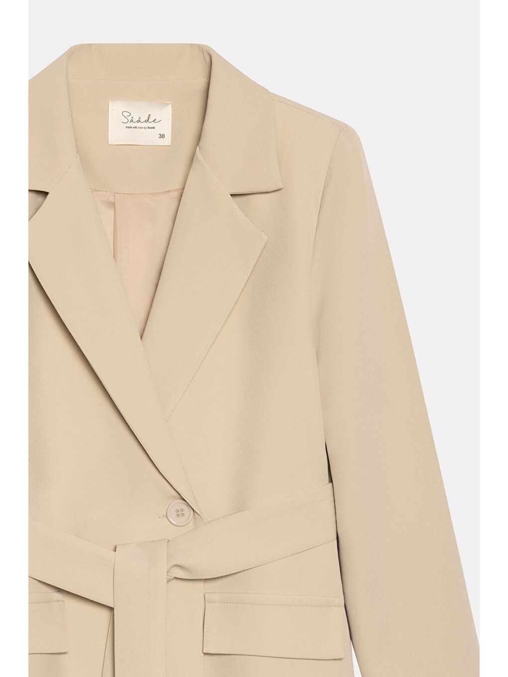 Bej Kadın Tek Düğmeli Dokuma Kruvaze Blazer Ceket - Kuşaklı-1