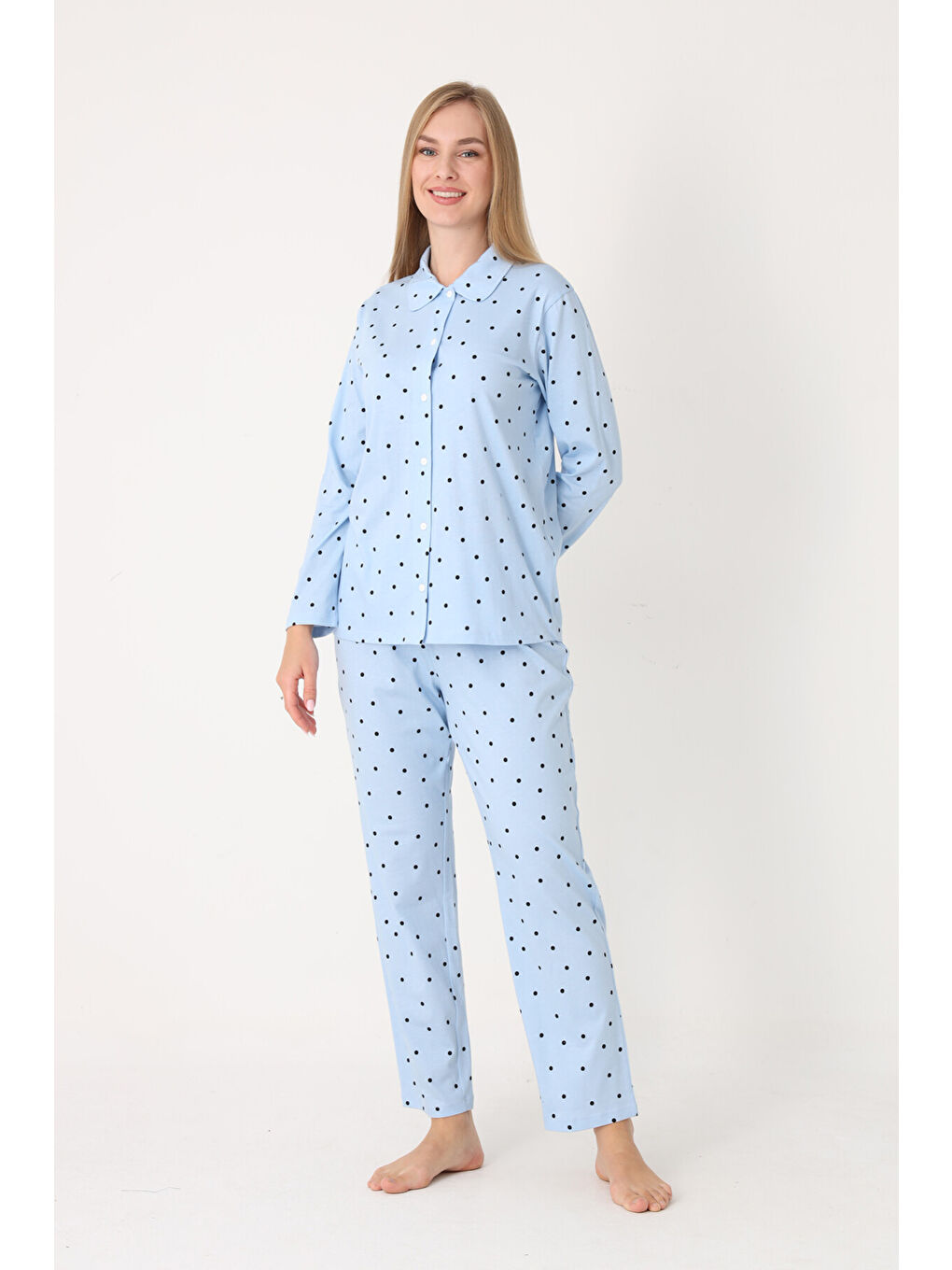 Mavi Polka Dot Önden Düğmeli Pijama Takım-1