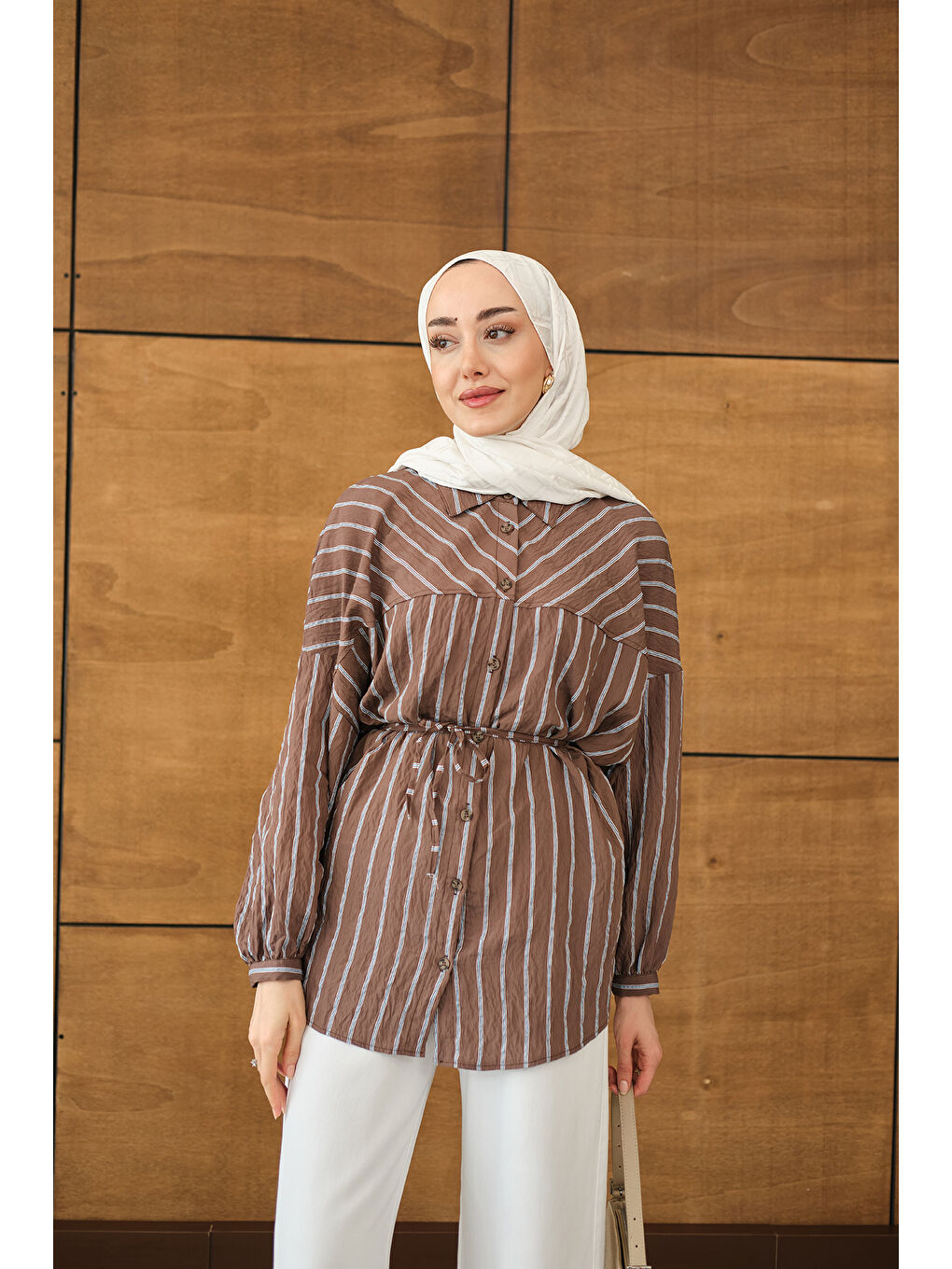 Kahverengi Kadın Çizgi Detaylı Salaş Gömlek Acı Kahve-3