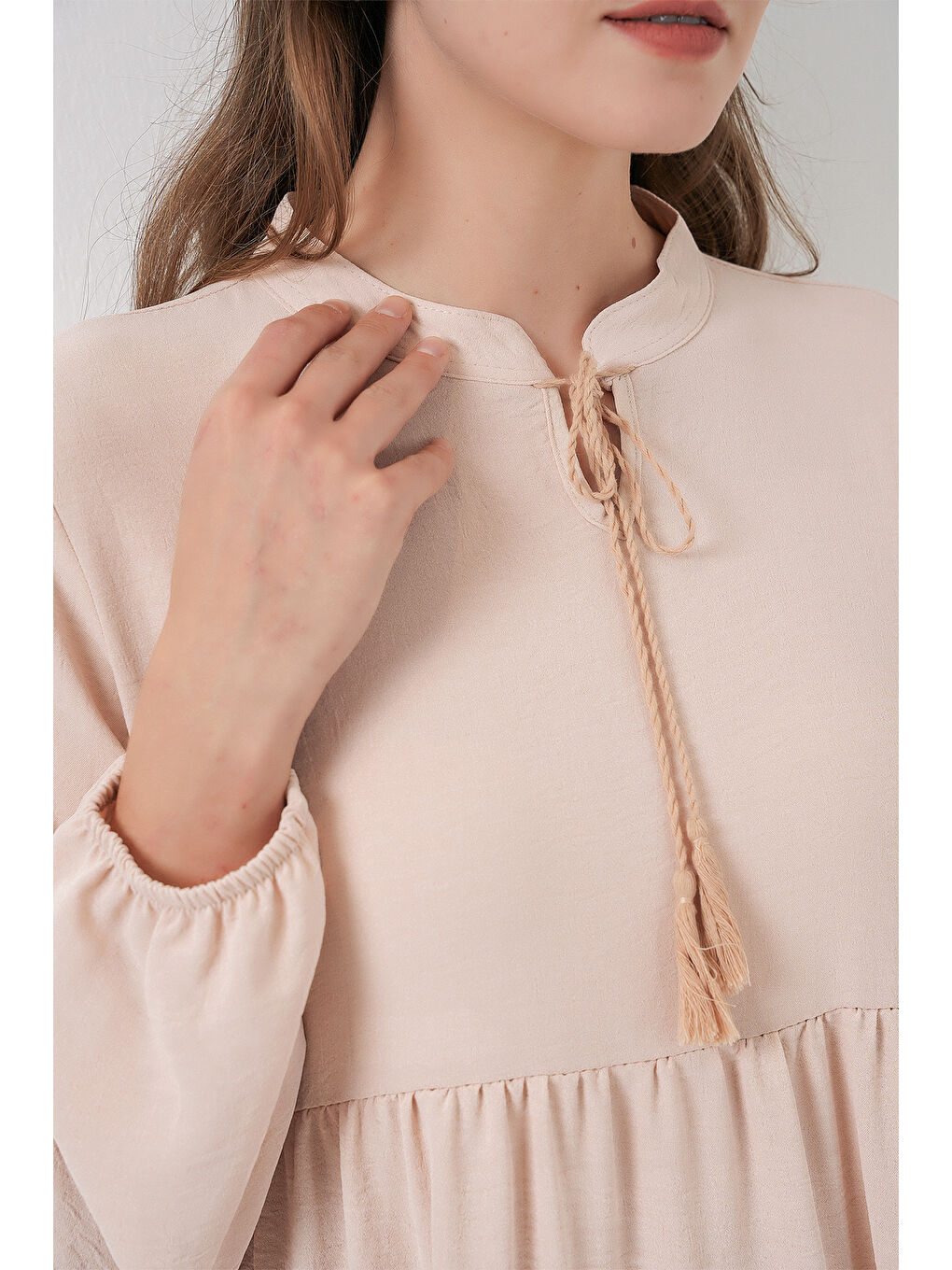 T1627 Yaka Bağcıklı Elbise - C. Bej-4