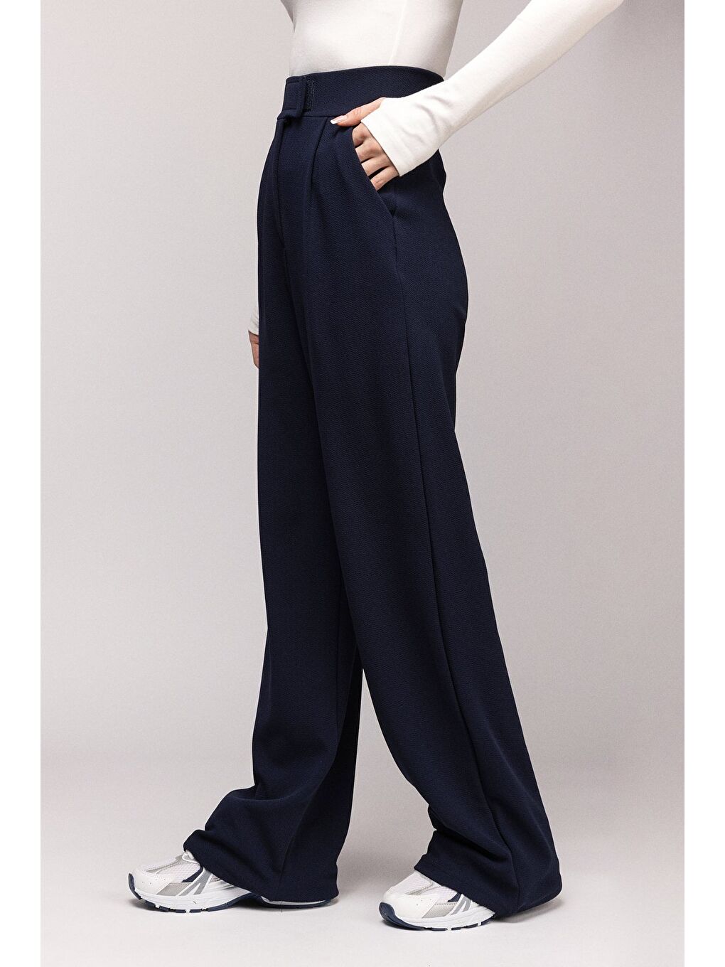 Lacivert Kadın Yüksek Bel Elastanlı Palazzo Pantolon - Cırtlı-1