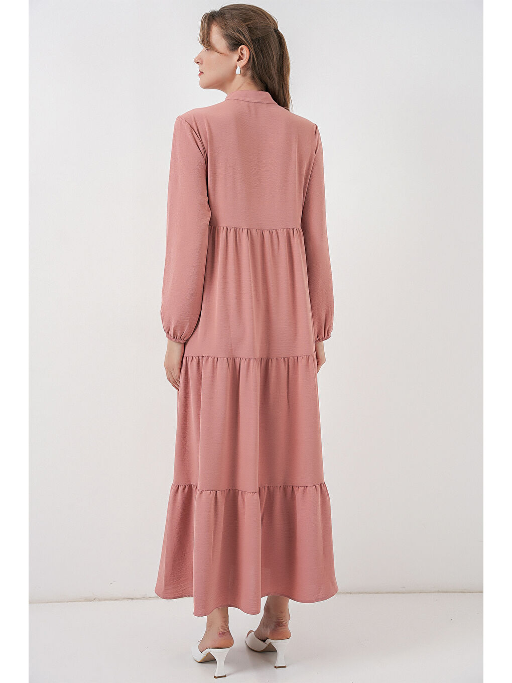 Pembe T1627 Yaka Bağcıklı Elbise - Pudra-5